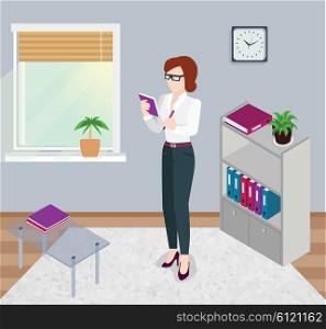 Isometric woman office work interior design. 3D woman in office room, business woman, working woman, office woman, office girl, business interior, work woman, professional working businesswoman