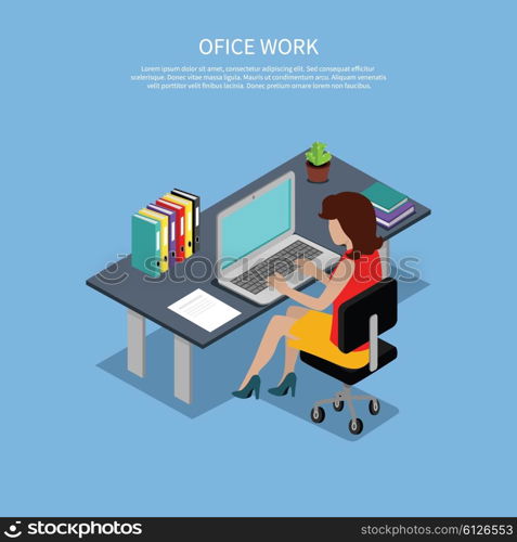 Isometric woman office work interior design. 3D woman in office room, business woman, working office woman, office girl, business interior, professional working