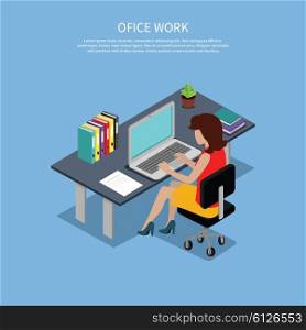 Isometric woman office work interior design. 3D woman in office room, business woman, working office woman, office girl, business interior, professional working