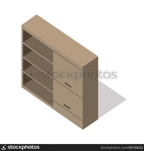 Isometric Wooden Cupboard. Isometric wooden cupboard. Classic wooden furniture with shadow in flat. Cupboard icon. Living room furniture. Furniture element for home interior. Isolated object on white background