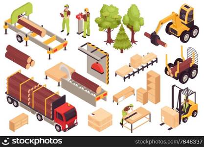 Isometric wooden furniture production process set with isolated icons of manufacturing ready products and sawmill vehicles vector illustration