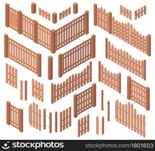 Isometric wooden garden farm rough fences. Courtyard wooden boards gates fencing, wooden 3d palisade fences vector illustration set. Farm wooden fencing outdoor elements isolated on white. Isometric wooden garden farm rough fences. Courtyard wooden boards gates fencing, wooden 3d palisade fences vector illustration set. Farm wooden fencing