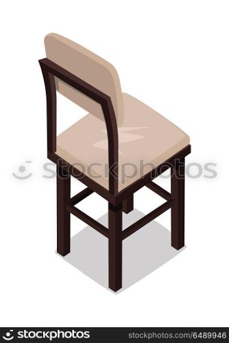 Isometric Wooden Kitchen Chair. Isometric wooden kitchen chair. Chair icon. Kitchen chair in colorful flat design. Chair with shadow. Furniture element for home interior. Isolated object on white background. Vector illustration.