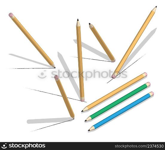 Isometric wooden pencil with eraser in various positions. Draw and erase line sketches. Realistic 3D vector isolated on white background