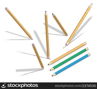 Isometric wooden pencil with eraser in various positions. Draw and erase line sketches. Realistic 3D vector isolated on white background