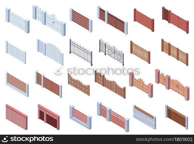 Isometric wooden stone metal architecture gate fences. Real estate, courtyard trellises, brick and wooden fences gate vector illustration set. Automatic gate fences exterior for privacy separation. Isometric wooden stone metal architecture gate fences. Real estate, courtyard trellises, brick and wooden fences gate vector illustration set. Automatic gate fences