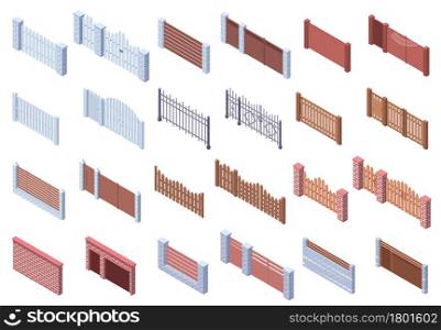 Isometric wooden stone metal architecture gate fences. Real estate, courtyard trellises, brick and wooden fences gate vector illustration set. Automatic gate fences exterior for privacy separation. Isometric wooden stone metal architecture gate fences. Real estate, courtyard trellises, brick and wooden fences gate vector illustration set. Automatic gate fences