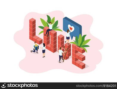 Isometric word design of love with romantic couple. Letters for design concept, the word love. illustrator vector