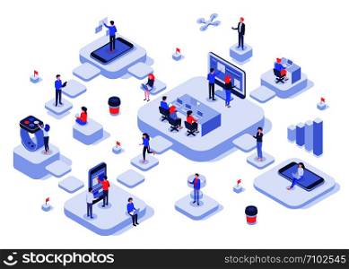 Isometric work team. Cloud workplaces platforms, modern teams workflow process and development company startup. Business technology work achievements, cowork offices 3d vector illustration. Isometric work team. Cloud workplaces platforms, modern teams workflow process and development company startup 3d vector illustration