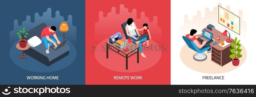 Isometric working home design concept with text captions and characters of self-employed persons at home vector illustration