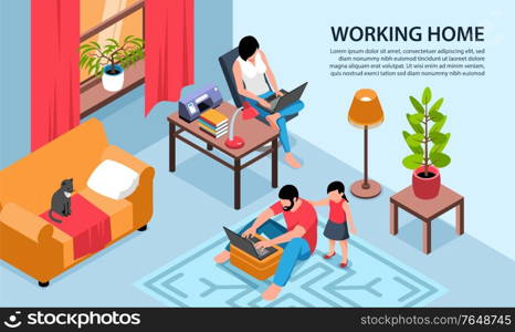 Isometric working home horizontal background composition with living room scenery and parents with laptops and text vector illustration