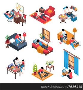 Isometric working home set with isolated compositions of room interior workspace elements and people with laptops vector illustration