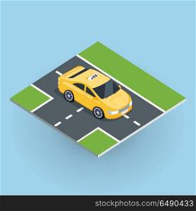 Isometric Yellow Taxi Cab. Flat 3d isometric car taxi on isometric part of road . City service transport icon. Car taxi icon. Isometric part of the city infrastructure. Isometric taxi cab. Isometric yellow taxi. Yellow taxi cab