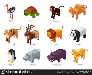 Isometric zoo animals. Low poly panda, penguin toy and tiger. Herbivores and predatory wild animal 3D cartoon vector set of zoo isometric illustration illustration. Isometric zoo animals. Low poly panda, penguin toy and tiger. Herbivores and predatory wild animal 3D cartoon vector set