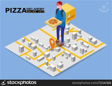 Isometry Pizza delivery courier man with package fast food pizza. Isometry Pizza delivery courier man with package fast food pizza. Online service order, map city tracking. Vector illustration isolated flat isometric style