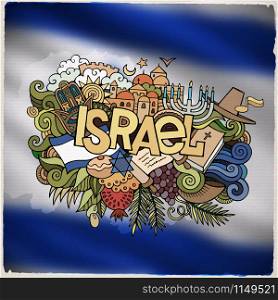 Israel country hand lettering and doodles elements and symbols emblem. Vector blurred background. Israel country hand lettering and doodles elements