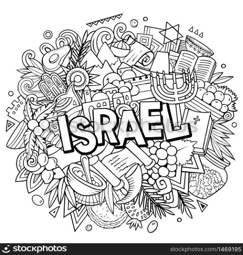 Israel hand drawn cartoon doodles illustration. Funny travel design. Creative art vector background. Handwritten text with Israeli symbols, elements and objects.. Israel hand drawn cartoon doodles illustration. Funny travel design.