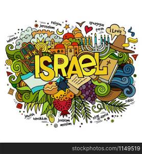 Israel hand lettering and doodles elements and symbols background. Vector hand drawn illustration. Israel hand lettering and doodles elements background