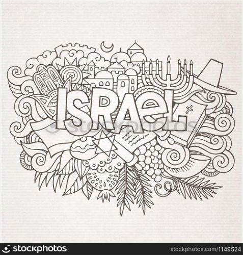 Israel hand lettering and doodles elements background. Vector illustration