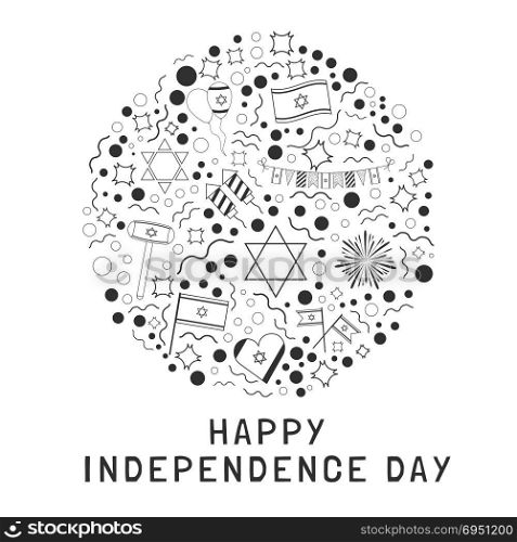"Israel Independence Day holiday flat design black thin line icons set in round shape with text in english "Happy Independence Day"."