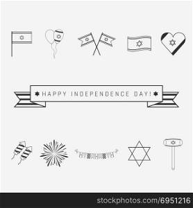"Israel Independence Day holiday flat design black thin line icons set with text in english "Happy Independence Day"."