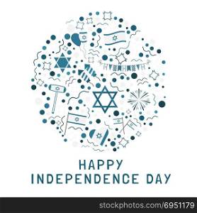 "Israel Independence Day holiday flat design icons set in round shape with text in english "Happy Independence Day"."