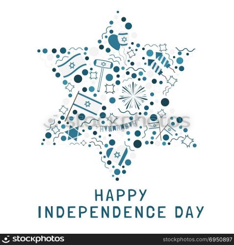 "Israel Independence Day holiday flat design icons set in star of david shape with text in english "Happy Independence Day"."