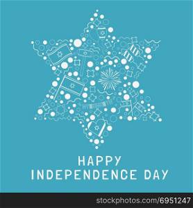 "Israel Independence Day holiday flat design white thin line icons set in star of david shape with text in english "Happy Independence Day"."