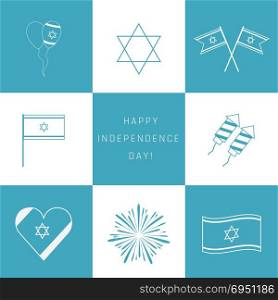 "Israel Independence Day holiday flat design white thin line icons set with text in english "Happy Independence Day"."