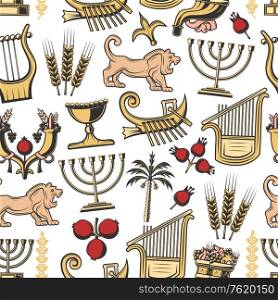 Israel seamless pattern of traditional Jewish symbols. Vector background of Hanukah Menorah candles, cornucopia with pomegranate and Judah lion, harp music instrument and Hebrew ship pattern. Israel traditional symbols seamless pattern