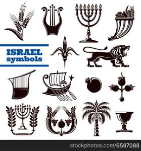 Israel symbols with judaism religion, culture and history sign. Jerusalem lion, menorah with olive branch and palm tree, lyre, shavuot pomegranate fruit, wheat and grape, zebulun boat and flower. Israel culture, history, judaism religion symbols