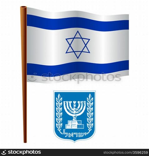 israel wavy flag and coat of arms against white background, vector art illustration, image contains transparency