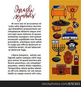 Israeli national symbols promo poster with sample text. Holy religion attributes, old and modern temples, traditional kosher food and Jewish man on commercial banner cartoon flat vector illustration.. Israeli national symbols promo poster with sample text