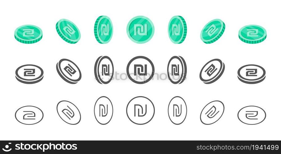 Israeli Shekel Coins. Rotation of icons at different angles for animation. Coins in isometric. Vector illustration
