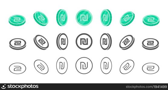 Israeli Shekel Coins. Rotation of icons at different angles for animation. Coins in isometric. Vector illustration