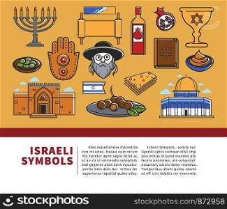 Israeli symbols promo banner with cultural elements set. Religious attributes, Jewish man, traditional food and spectacular architecture isolated vector illustrations on poster with sample text.. Israeli symbols promo banner with cultural elements set