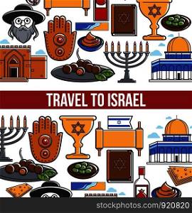 Israeli symbols promo banner with cultural elements set. Religious attributes, Jewish man, traditional food and spectacular architecture isolated vector illustrations on poster with sample text.. Israeli symbols promo banner with cultural elements set.