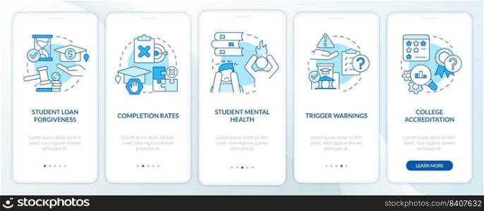 Issues in higher education blue onboarding mobile app screen. Walkthrough 5 steps editable graphic instructions with linear concepts. UI, UX, GUI template. Myriad Pro-Bold, Regular fonts used. Issues in higher education blue onboarding mobile app screen