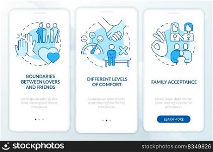 Issues within LGBT couples blue onboarding mobile app screen. Walkthrough 3 steps editable graphic instructions with linear concepts. UI, UX, GUI template. Myriad Pro-Bold, Regular fonts used. Issues within LGBT couples blue onboarding mobile app screen