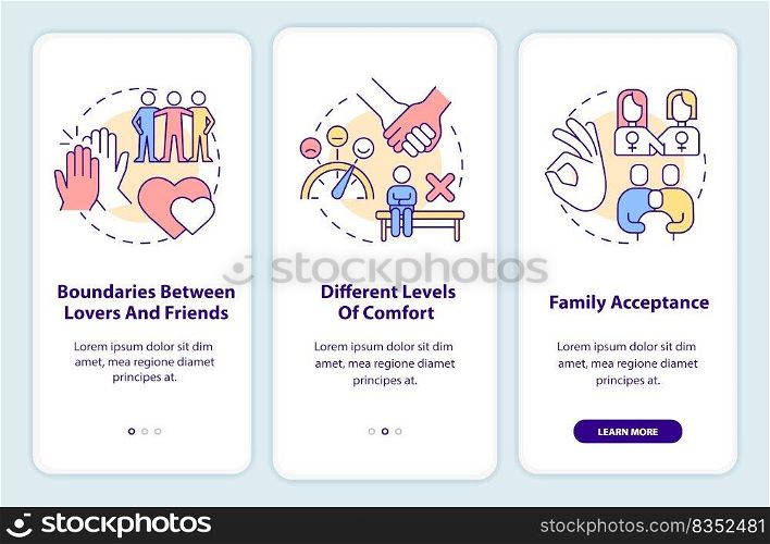 Issues within LGBT couples onboarding mobile app screen. Walkthrough 3 steps editable graphic instructions with linear concepts. UI, UX, GUI template. Myriad Pro-Bold, Regular fonts used. Issues within LGBT couples onboarding mobile app screen