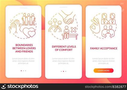 Issues within LGBT couples red gradient onboarding mobile app screen. Walkthrough 3 steps graphic instructions with linear concepts. UI, UX, GUI template. Myriad Pro-Bold, Regular fonts used. Issues within LGBT couples red gradient onboarding mobile app screen
