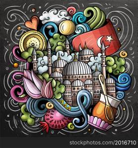 Istanbul cartoon vector doodle chalkboard illustration. Colorful detailed composition with lot of Turkish objects and symbols.. Istanbul cartoon vector doodle chalkboard illustration