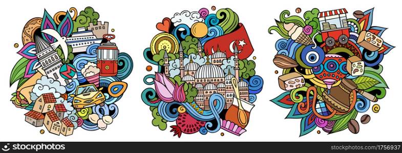 Istanbul cartoon vector doodle designs set. Colorful detailed compositions with lot of Turkish objects and symbols. Isolated on white illustrations. Istanbul cartoon vector doodle designs set.