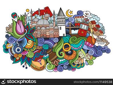 Istanbul city doodles elements and symbols background. Vector hand drawn illustration. Istanbul vector hand drawn illustration