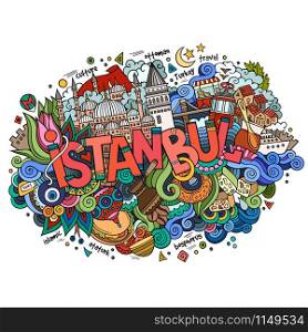 Istanbul city hand lettering and doodles elements and symbols background. Vector hand drawn illustration. Istanbul city hand lettering and doodles elements