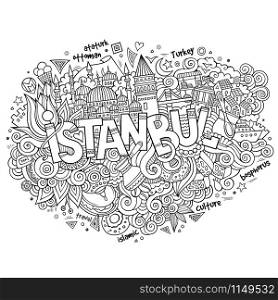 Istanbul city hand lettering and doodles elements and symbols background. Vector hand drawn sketchy illustration. Istanbul city hand lettering and doodles elements
