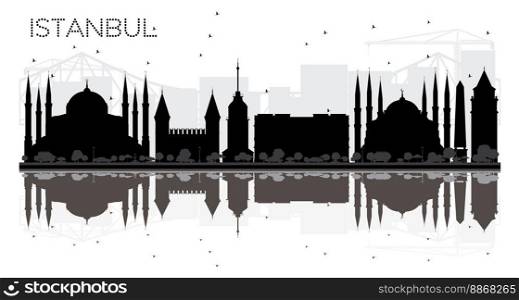 Istanbul City skyline black and white silhouette with reflections. Vector illustration. Simple flat concept for tourism presentation, banner, placard or web site. Cityscape with landmarks