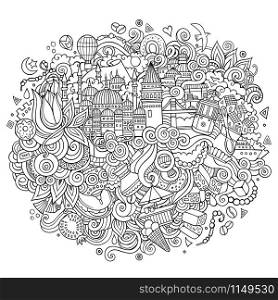 Istanbul doodles elements and symbols background. Vector sketchy hand drawn illustration. Istanbul vector hand drawn outline illustration
