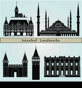 Istanbul landmarks and monuments isolated on blue background in editable vector file