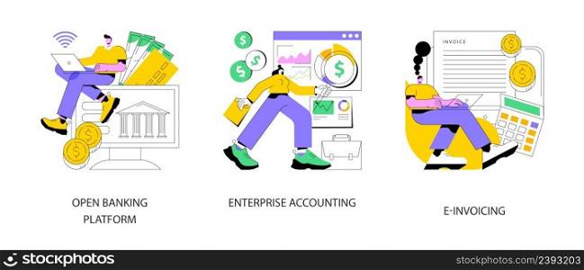 IT accounting system abstract concept vector illustration set. Open banking platform, enterprise accounting, e-invoicing, business financial software, electronic invoice tool abstract metaphor.. IT accounting system abstract concept vector illustrations.